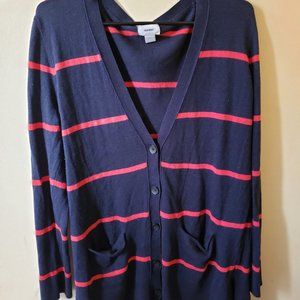 Navy Blue Button Up Sweater with Red Stripes
